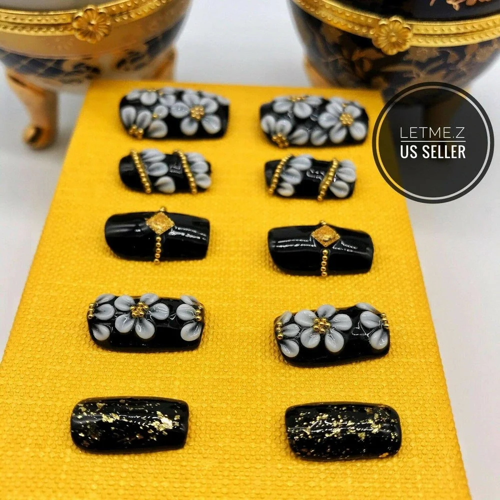 Press on Nails‎ Glue On Acrylic 3D Flower Black Gold